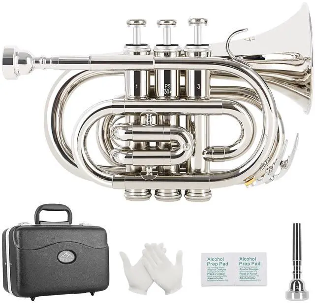 Main image of Pocket Trumpet Brass Bb Nickel Plated Trumpet with 7 C Mouthpiece, Hard Case, Strap, White Gloves, Cleaning Kit for Students and Beginners