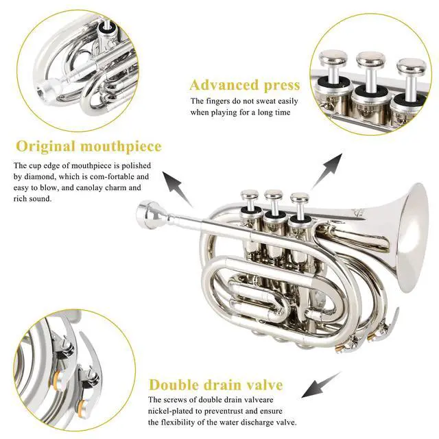 Alt view image 2 of 7 - Pocket Trumpet Brass Bb Nickel Plated Trumpet with 7 C Mouthpiece, Hard Case, Strap, White Gloves, Cleaning Kit for Students and Beginners