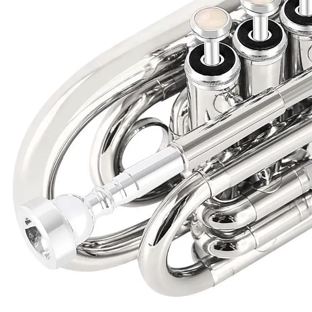 Alt view image 5 of 7 - Pocket Trumpet Brass Bb Nickel Plated Trumpet with 7 C Mouthpiece, Hard Case, Strap, White Gloves, Cleaning Kit for Students and Beginners