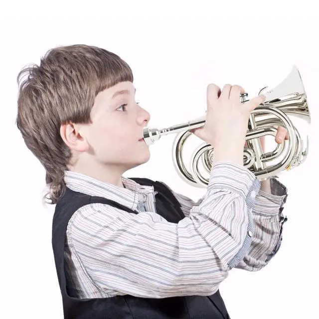 Alt view image 7 of 7 - Pocket Trumpet Brass Bb Nickel Plated Trumpet with 7 C Mouthpiece, Hard Case, Strap, White Gloves, Cleaning Kit for Students and Beginners