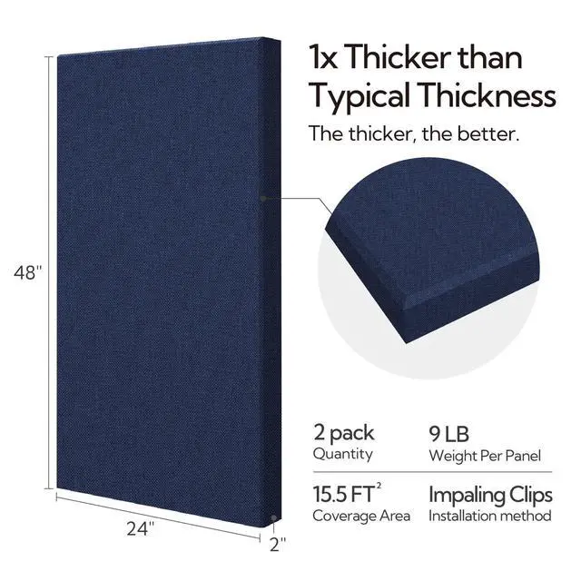 Alt view image 4 of 7 - Sound Absorbing Acoustic Wall Panels 2 Pack, 2'' 24''x48'' Fiberglass Sound Dampening Panels, Large Fabric Wrapped Sound Proof Panels for Walls (Navy)