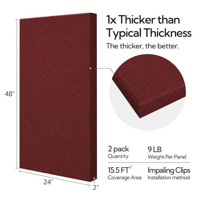 Alt view image 4 of 7 - Sound Acoustic Panels 2 Pack, 24''x48'' Fiberglass Acoustic Wall Panels 2'' Thick, Large Sound Proof Panels for Walls (Burgundy)
