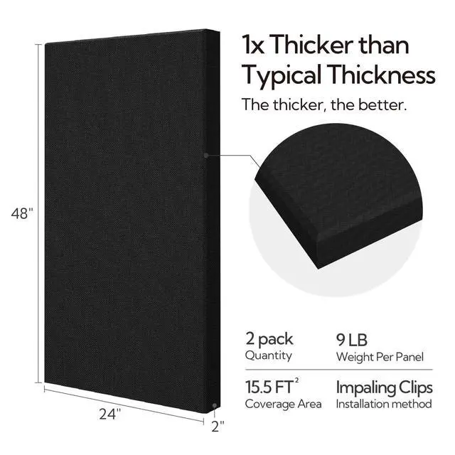Alt view image 4 of 7 - Sound Acoustic Panels 2 Pack, 24''x48'' Fiberglass Acoustic Wall Panels 2'' Thick, Large Sound Proof Panels for Walls (Black)