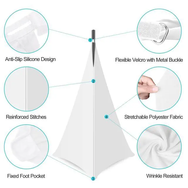 Alt view image 3 of 7 - 360 Degree DJ Speaker Stand Cover with Storage Bag 4 Pack, White | Cable Concealment, for Stage Gig, Wedding and Banquet Event, Tripod Skirt Skrim