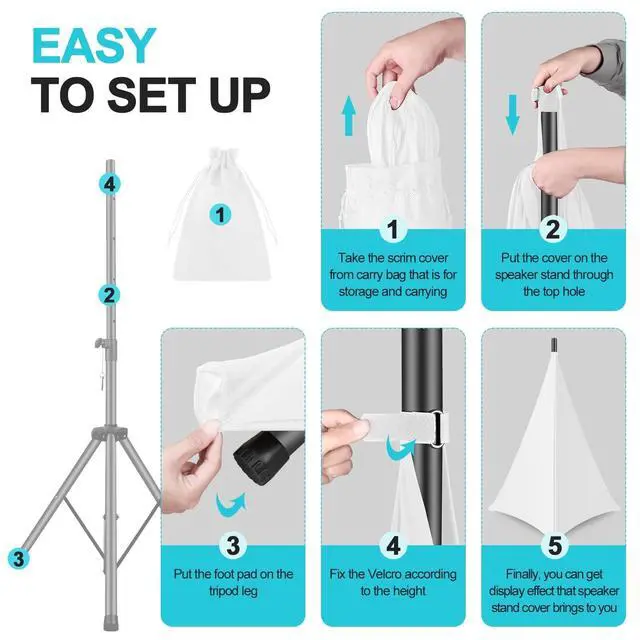 Alt view image 6 of 7 - 360 Degree DJ Speaker Stand Cover with Storage Bag 4 Pack, White | Cable Concealment, for Stage Gig, Wedding and Banquet Event, Tripod Skirt Skrim