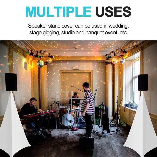 Alt view image 7 of 7 - 360 Degree DJ Speaker Stand Cover with Storage Bag 4 Pack, White | Cable Concealment, for Stage Gig, Wedding and Banquet Event, Tripod Skirt Skrim