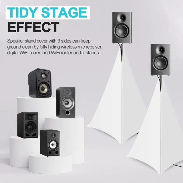 Alt view image 4 of 7 - 360 Degree DJ Speaker Stand Cover with Storage Bag 4 Pack, White | Cable Concealment, for Stage Gig, Wedding and Banquet Event, Tripod Skirt Skrim