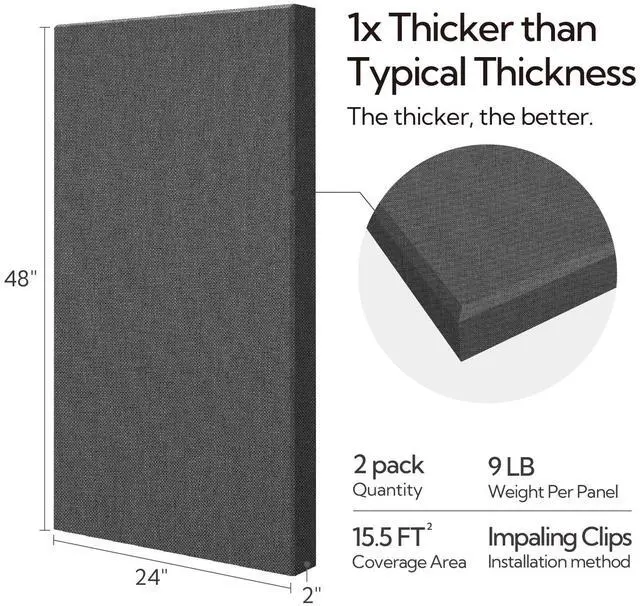 Alt view image 4 of 7 - Sound Acoustic Panels 2 Pack, 24''x48'' Fiberglass Acoustic Wall Panels 2'' Thick, Large Sound Proof Panels for Walls (Dark Grey)