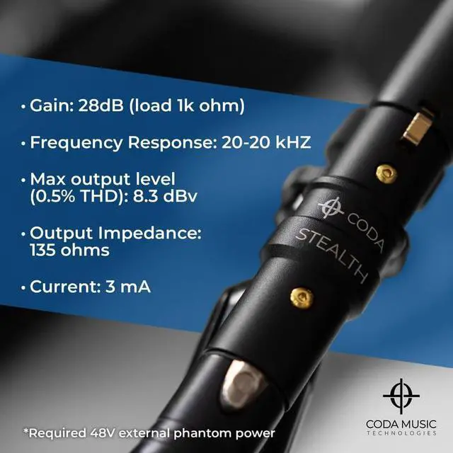 Alt view image 3 of 6 - Coda MB-Stealth in-Line Microphone Preamp Mic Gain Booster 28 dB Clean Gain | For Dynamic and Ribbon Mics, 48V Phantom Power, Ultra Low Noise, Podcast or Livestream