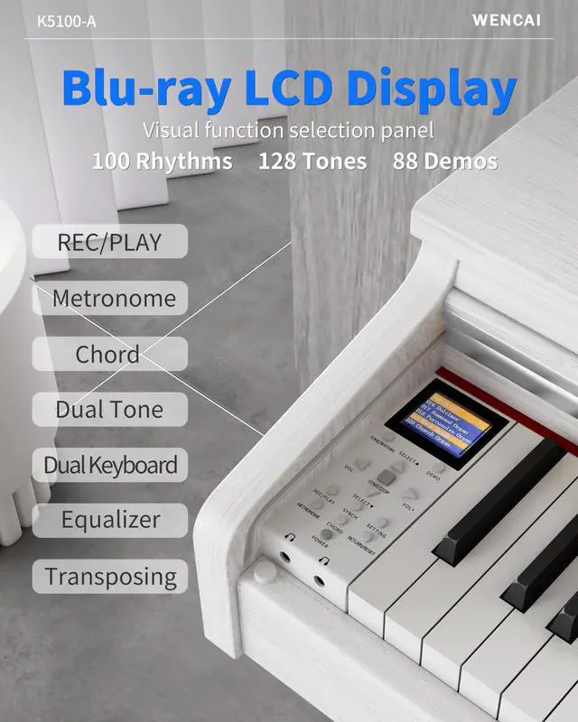 Alt view image 3 of 7 - 88 Keys Digital Piano Hammer Action Weighted Keyboard, White | Full Size Upright Electric Piano, Wooden Electronic Piano with Color Display for Beginner Professional, 3 Pedals