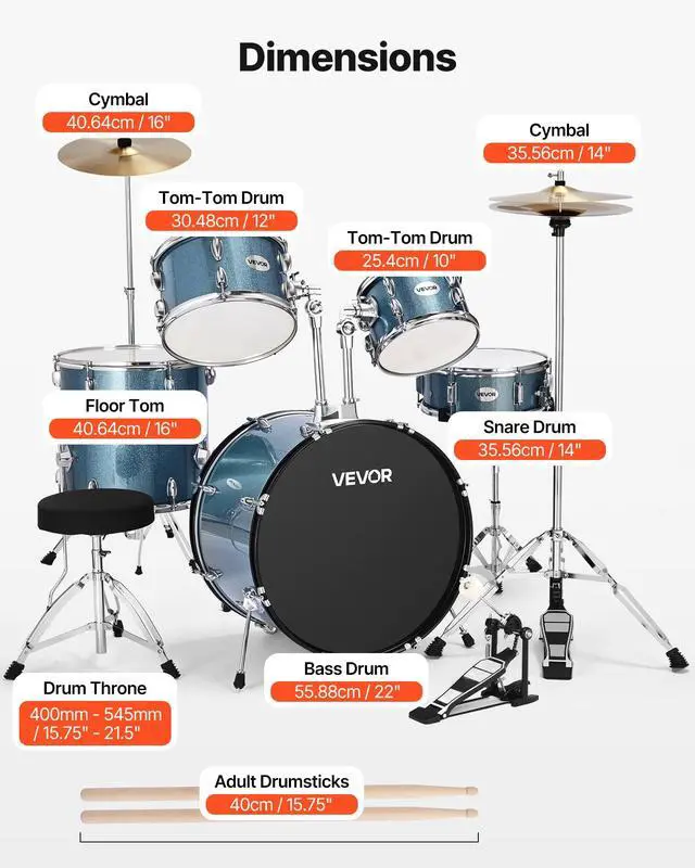 Alt view image 2 of 7 - Drum Set, 5-Piece 22 in Junior Drum Sets, Beginner Drums Set with Adjustable Throne, Cymbal, and Drumsticks, Musical Learning Drums Instrument Kit, for Beginner, Teens & Student (Gravel Blue)