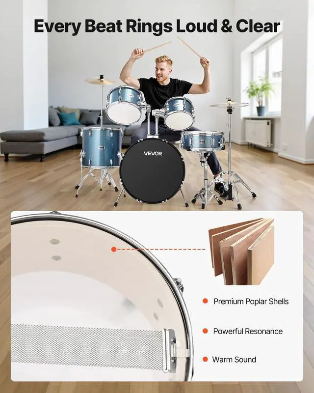Alt view image 3 of 7 - Drum Set, 5-Piece 22 in Junior Drum Sets, Beginner Drums Set with Adjustable Throne, Cymbal, and Drumsticks, Musical Learning Drums Instrument Kit, for Beginner, Teens & Student (Gravel Blue)