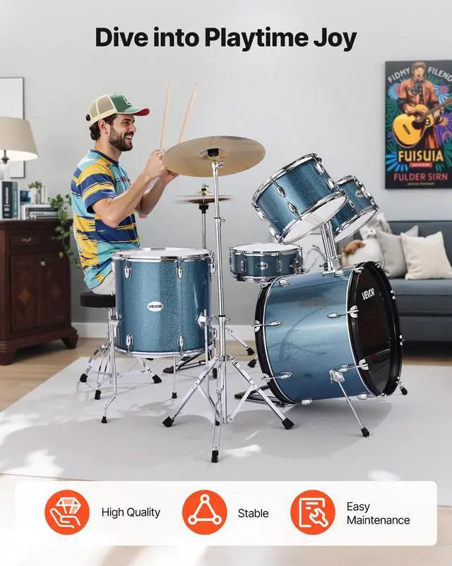 Alt view image 6 of 7 - Drum Set, 5-Piece 22 in Junior Drum Sets, Beginner Drums Set with Adjustable Throne, Cymbal, and Drumsticks, Musical Learning Drums Instrument Kit, for Beginner, Teens & Student (Gravel Blue)