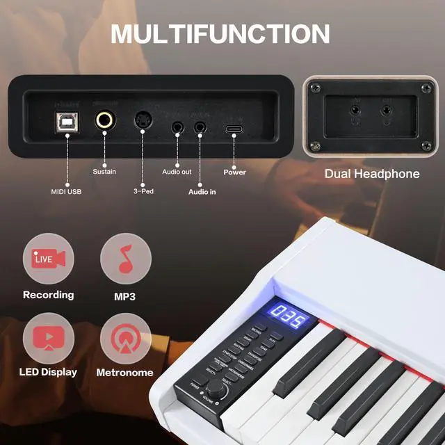 Alt view image 6 of 7 - Digital Piano 88 Key Weighted with Piano Bench, 88 Key Full Size Semi Weighted Keyboard Piano, Electronic Piano for Beginner,with Adjustable Stand,Carrying Case,Sustain Pedal,Headphone (White)