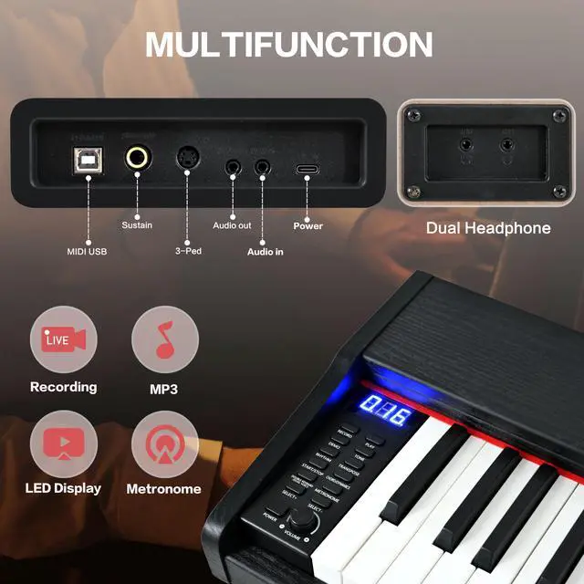 Alt view image 5 of 7 - Digital Piano 88 Key Weighted with Piano Bench, 88 Key Full Size Semi Weighted Keyboard Piano, Electronic Piano for Beginner,with Adjustable Stand,Carrying Case,Sustain Pedal,Headphone (Black)