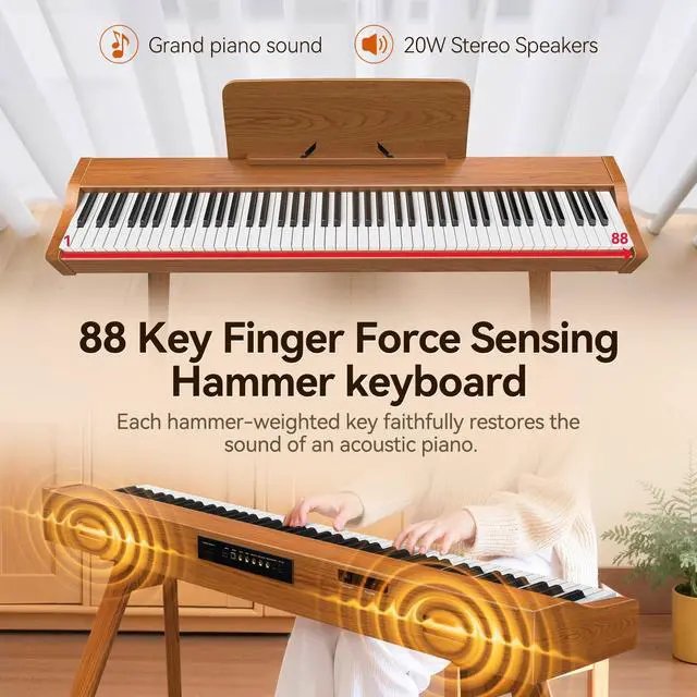 Alt view image 2 of 7 - Piano keyboard 88 Key Weighted Keys: Digitalkeyboard Piano 88 Key | Weighted Full Size Keyboard Digital Premium Sound MIDI Headphone Jack Triple Pedal Compact