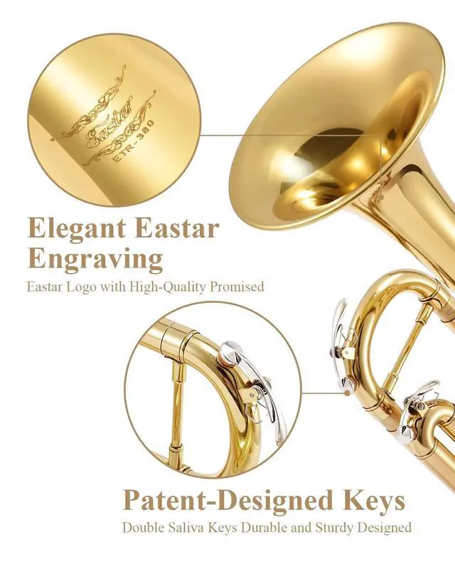 Alt view image 2 of 7 - Bb Standard Trumpet Set for Beginner, Brass Student Trumpet Instrument with Hard Case, Cleaning Kit, 7C Mouthpiece and Gloves, ETR-380, Golden
