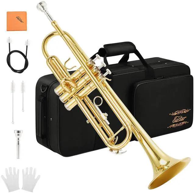 Main image of Bb Standard Trumpet Set for Beginner, Brass Student Trumpet Instrument with Hard Case, Cleaning Kit, 7C Mouthpiece and Gloves, ETR-380, Golden