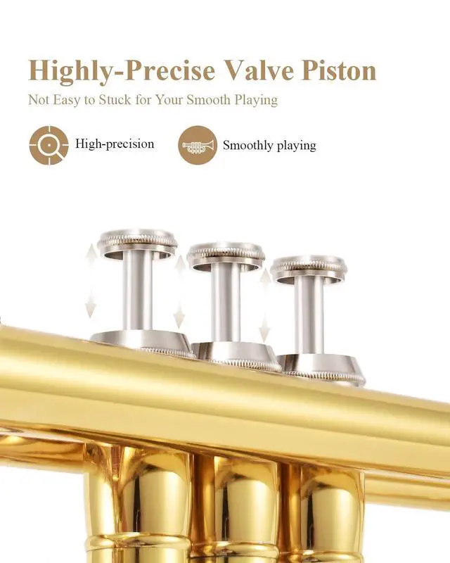 Alt view image 3 of 7 - Bb Standard Trumpet Set for Beginner, Brass Student Trumpet Instrument with Hard Case, Cleaning Kit, 7C Mouthpiece and Gloves, ETR-380, Golden