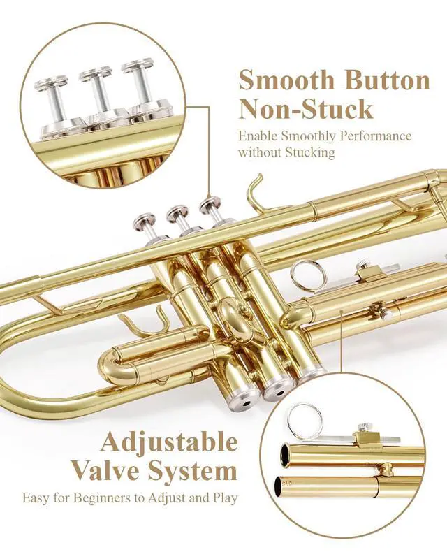 Alt view image 4 of 7 - Bb Standard Trumpet Set for Beginner, Brass Student Trumpet Instrument with Hard Case, Cleaning Kit, 7C Mouthpiece and Gloves, ETR-380, Golden