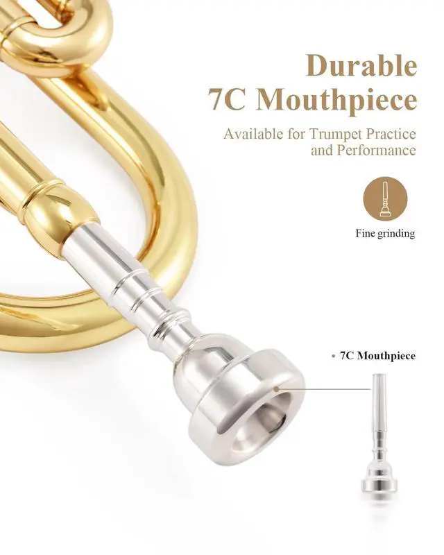 Alt view image 5 of 7 - Bb Standard Trumpet Set for Beginner, Brass Student Trumpet Instrument with Hard Case, Cleaning Kit, 7C Mouthpiece and Gloves, ETR-380, Golden