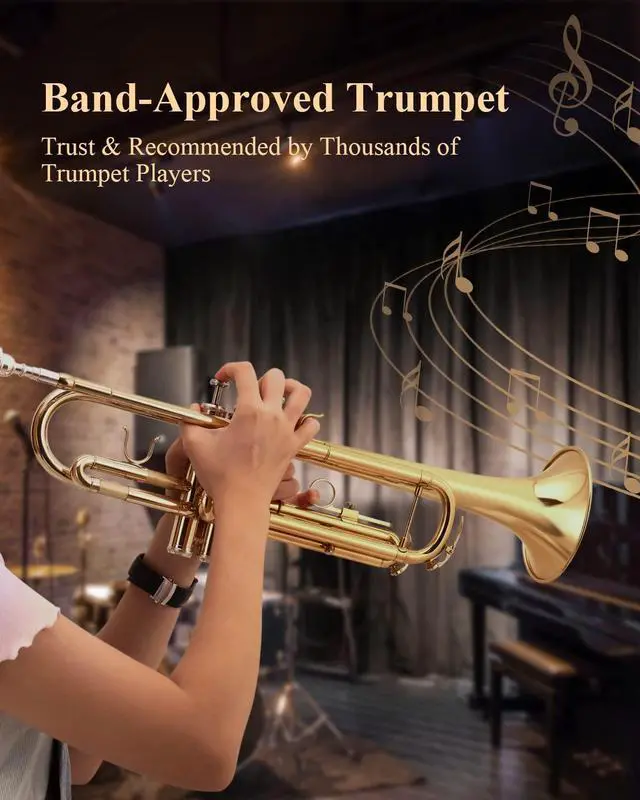Alt view image 6 of 7 - Bb Standard Trumpet Set for Beginner, Brass Student Trumpet Instrument with Hard Case, Cleaning Kit, 7C Mouthpiece and Gloves, ETR-380, Golden