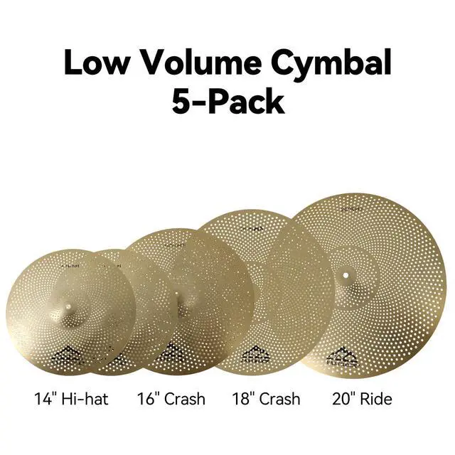 Alt view image 2 of 7 - 5 Pieces Low Volume Cymbal Pack with Cymbal Bag and Felts,Golden | Cymbals for Drum Set (14"Hi-hat+16"Crash+18"Crash+20"Ride)