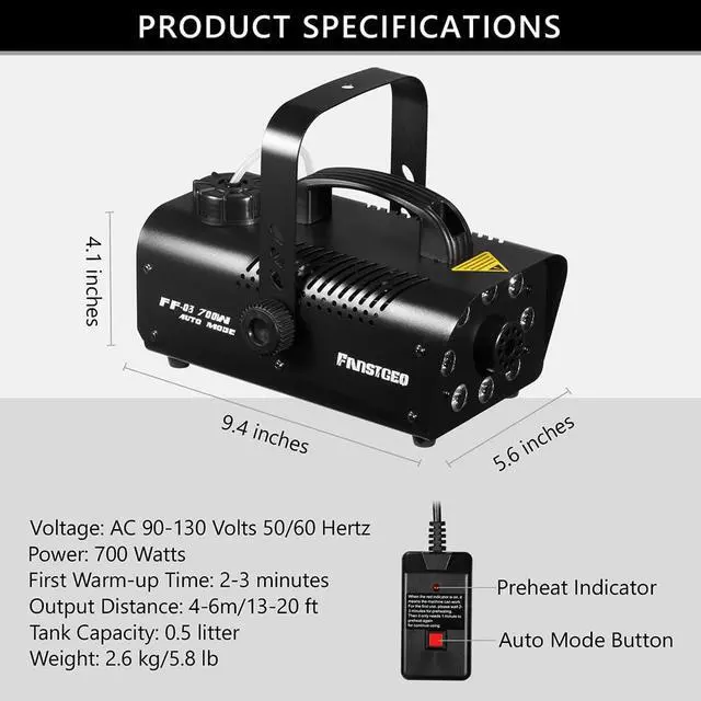 Alt view image 5 of 7 - 700W Fog Machine with 8 LED Lights, Wireless Remote Smoke Machine | 3 Light Modes, Manual/Auto Control, Fast Preheat, Safe Overheat Protection for Halloween Party Stage