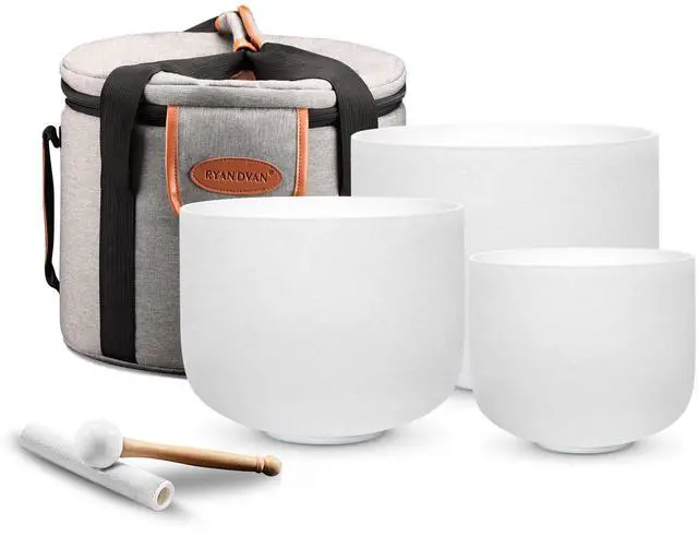 Main image of 432Hz 6"B 7"G 8"F Crystal Singing Bowl Set of 3 | Frosted Quartz Sound Bowls for Crown, Throat & Heart Chakras, Meditation, Sound Bath, Yoga & Sound Therapy