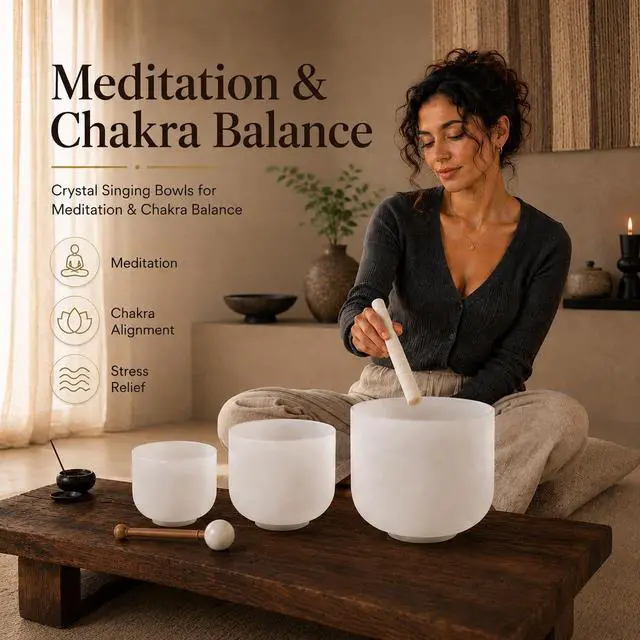 Alt view image 2 of 6 - 432Hz 6"B 7"A 8"G Crystal Singing Bowl Set of 3 | Frosted Quartz Sound Bowls for Crown, Third Eye & Throat Chakra, Meditation, Sound Bath, Yoga & Sound Therapy