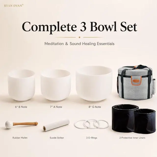 Alt view image 6 of 6 - 432Hz 6"B 7"A 8"G Crystal Singing Bowl Set of 3 | Frosted Quartz Sound Bowls for Crown, Third Eye & Throat Chakra, Meditation, Sound Bath, Yoga & Sound Therapy