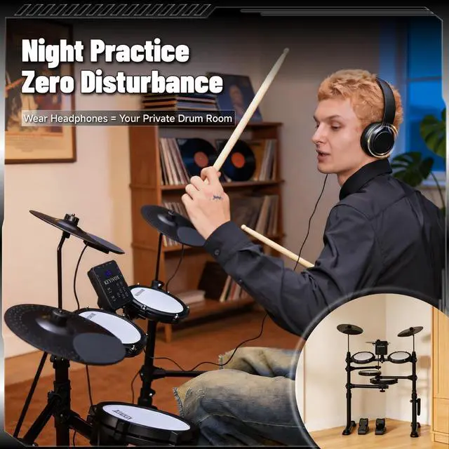Alt view image 3 of 7 - Electric Drum Set Adult, 150 Sounds, Silent, USB MIDI | Ideal Gift for Beginners, Apartment Bedroom, 4 Mesh Drum Pads, 30 Songs, 15 Kits, Headphones, Throne, Sticks, Pedals