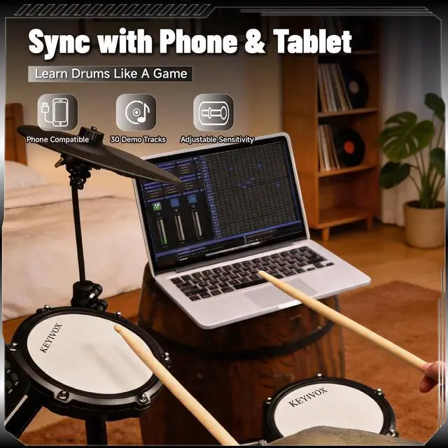 Alt view image 4 of 7 - Electric Drum Set Adult, 150 Sounds, Silent, USB MIDI | Ideal Gift for Beginners, Apartment Bedroom, 4 Mesh Drum Pads, 30 Songs, 15 Kits, Headphones, Throne, Sticks, Pedals
