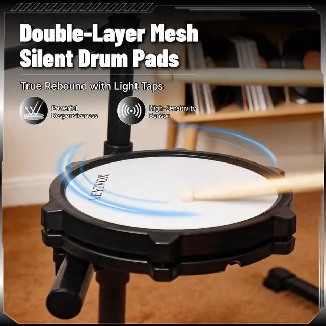 Alt view image 6 of 7 - Electric Drum Set Adult, 150 Sounds, Silent, USB MIDI | Ideal Gift for Beginners, Apartment Bedroom, 4 Mesh Drum Pads, 30 Songs, 15 Kits, Headphones, Throne, Sticks, Pedals
