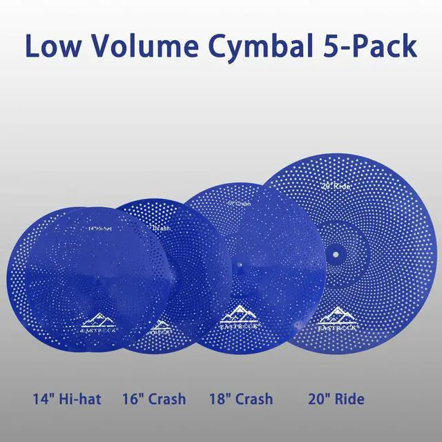 Alt view image 2 of 7 - 5 Pieces Low Volume Cymbal Pack with Cymbal Bag and Felts,Blue | Cymbals for Drum Set (14"Hi-hat+16"Crash+18"Crash+20"Ride)