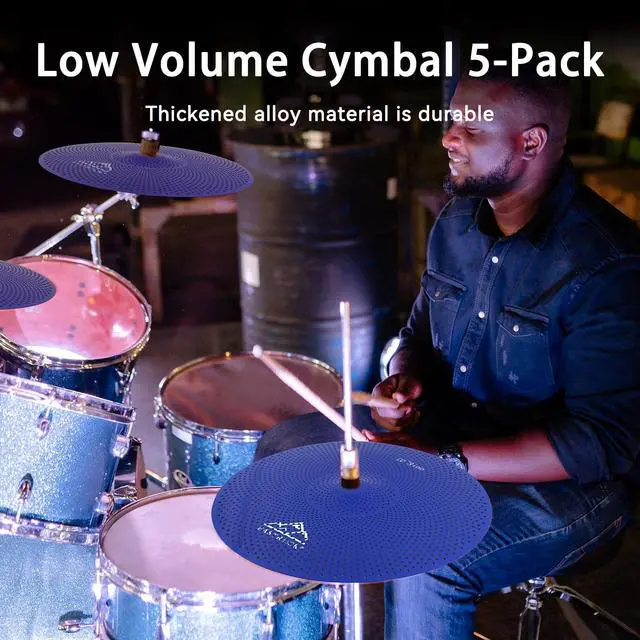 Alt view image 5 of 7 - 5 Pieces Low Volume Cymbal Pack with Cymbal Bag and Felts,Blue | Cymbals for Drum Set (14"Hi-hat+16"Crash+18"Crash+20"Ride)