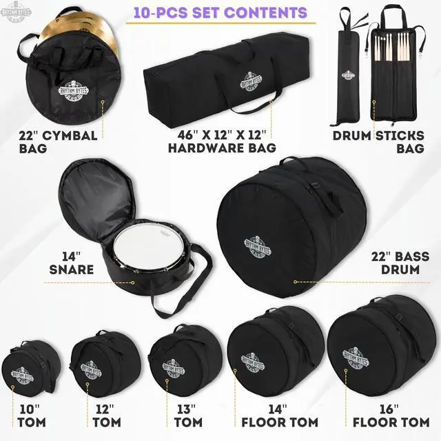 Alt view image 2 of 7 - 10-pieces Drum Cases, Professional Drum Bags set, Thick 10mm Padding, Cases for 10"/12"/13" Toms, 14" Floor Tom, 16" Floor Tom, 14" snare, 22" Kick, 46" hardware bag, 22" Cymbal Bag, Drumstick bag