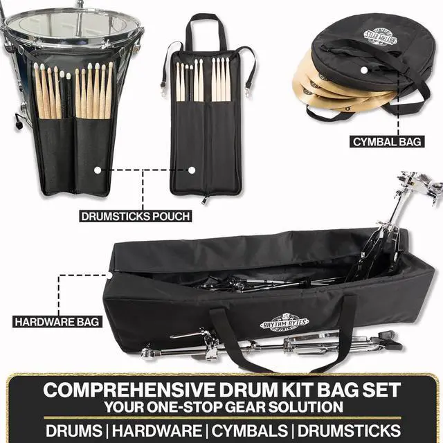 Alt view image 4 of 7 - 10-pieces Drum Cases, Professional Drum Bags set, Thick 10mm Padding, Cases for 10"/12"/13" Toms, 14" Floor Tom, 16" Floor Tom, 14" snare, 22" Kick, 46" hardware bag, 22" Cymbal Bag, Drumstick bag