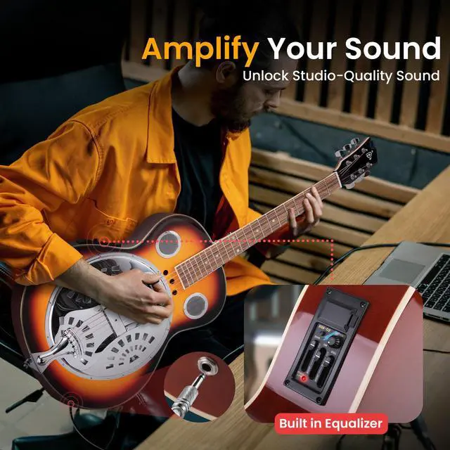 Alt view image 3 of 7 - Resophonic Resonator Acoustic Electric Guitar-6 String Round Neck Sunburst Mahogany Traditional Resonator w/Built-in Pre Amplifier,Case Bag,Strap,Steel Strings,Tuner,Picks