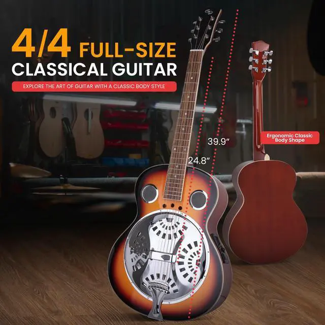 Alt view image 5 of 7 - Resophonic Resonator Acoustic Electric Guitar-6 String Round Neck Sunburst Mahogany Traditional Resonator w/Built-in Pre Amplifier,Case Bag,Strap,Steel Strings,Tuner,Picks