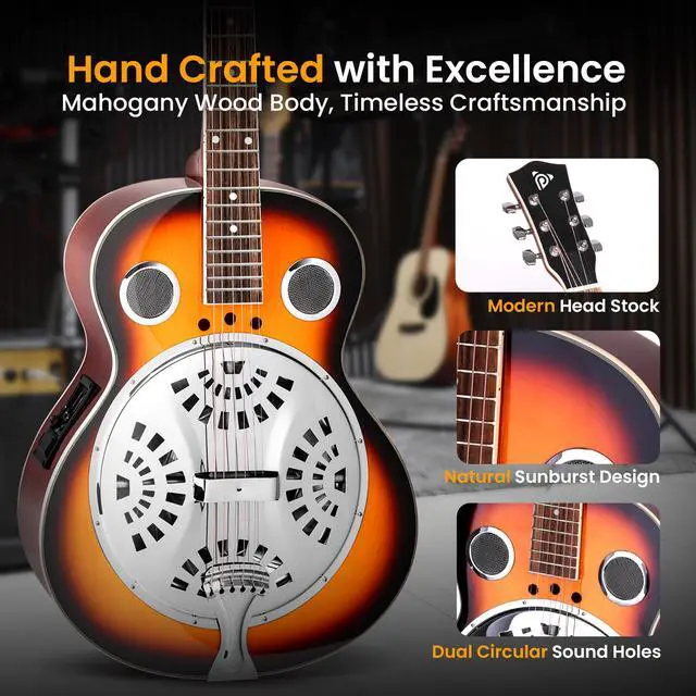 Alt view image 6 of 7 - Resophonic Resonator Acoustic Electric Guitar-6 String Round Neck Sunburst Mahogany Traditional Resonator w/Built-in Pre Amplifier,Case Bag,Strap,Steel Strings,Tuner,Picks
