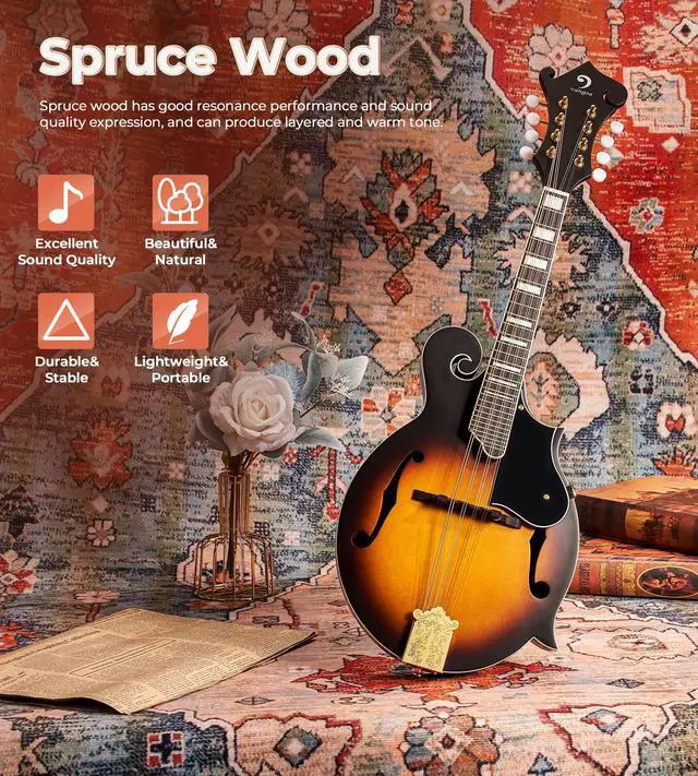 Alt view image 2 of 7 - F-Style Mandolins Instrument 29-Fret, 8 String Acoustic Mandolin With Protective Plate, for Beginner Adults, Sunburst