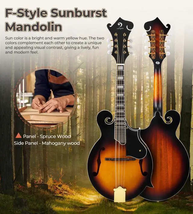 Alt view image 3 of 7 - F-Style Mandolins Instrument 29-Fret, 8 String Acoustic Mandolin With Protective Plate, for Beginner Adults, Sunburst