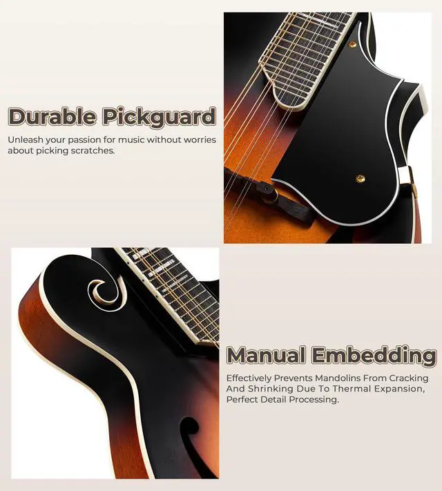 Alt view image 4 of 7 - F-Style Mandolins Instrument 29-Fret, 8 String Acoustic Mandolin With Protective Plate, for Beginner Adults, Sunburst