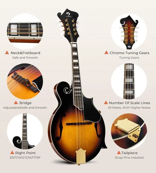 Alt view image 5 of 7 - F-Style Mandolins Instrument 29-Fret, 8 String Acoustic Mandolin With Protective Plate, for Beginner Adults, Sunburst