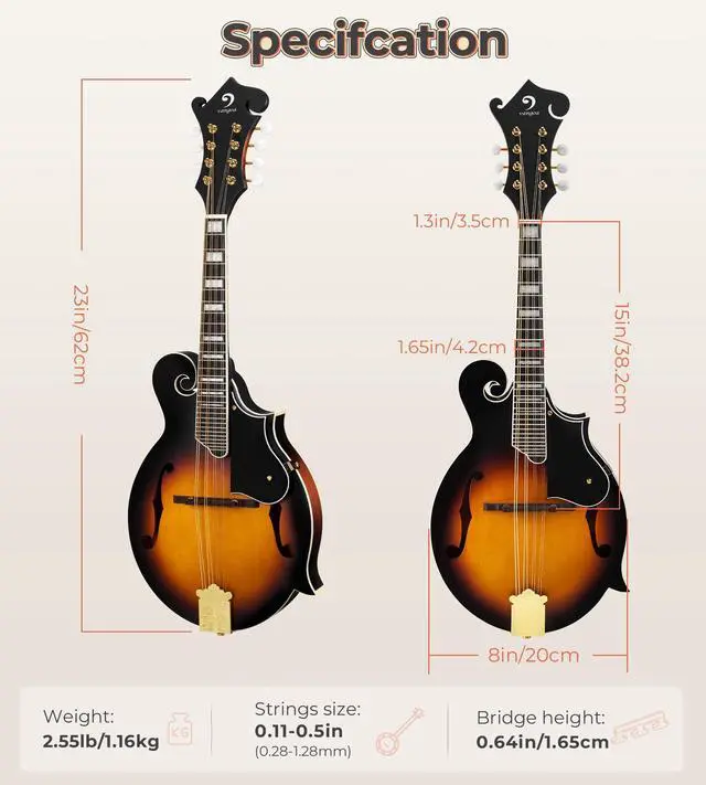 Alt view image 7 of 7 - F-Style Mandolins Instrument 29-Fret, 8 String Acoustic Mandolin With Protective Plate, for Beginner Adults, Sunburst