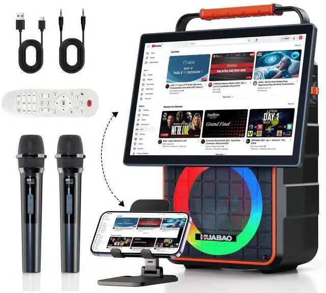 Main image of Portable Bluetooth Karaoke Speaker with 14.1 HD Screen, Wireless Screen Mirroring for iOS & Android, 2 Wireless Rechargeable Mics, AUX/USB/TF Card, Dynamic Lyric Display via Bluetooth, Ideal for Home