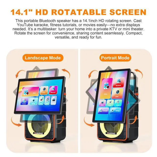 Alt view image 3 of 7 - Portable Bluetooth Karaoke Speaker with 14.1 HD Screen, Wireless Screen Mirroring for iOS & Android, 2 Wireless Rechargeable Mics, AUX/USB/TF Card, Dynamic Lyric Display via Bluetooth, Ideal for Home