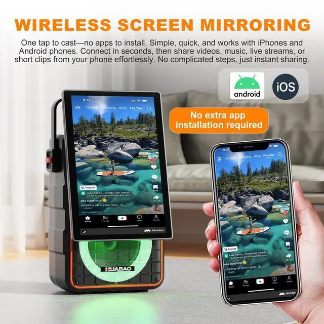 Alt view image 2 of 7 - Portable Bluetooth Karaoke Speaker with 14.1 HD Screen, Wireless Screen Mirroring for iOS & Android, 2 Wireless Rechargeable Mics, AUX/USB/TF Card, Dynamic Lyric Display via Bluetooth, Ideal for Home
