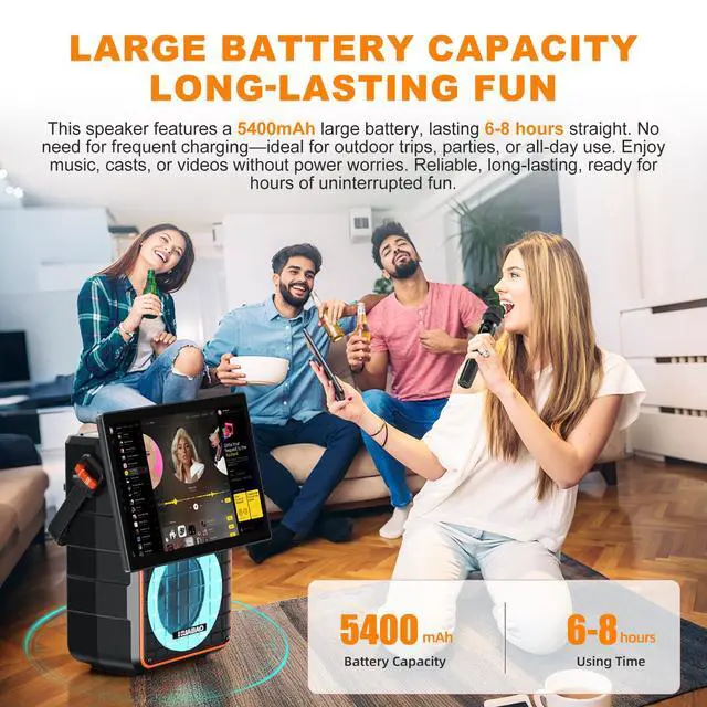 Alt view image 4 of 7 - Portable Bluetooth Karaoke Speaker with 14.1 HD Screen, Wireless Screen Mirroring for iOS & Android, 2 Wireless Rechargeable Mics, AUX/USB/TF Card, Dynamic Lyric Display via Bluetooth, Ideal for Home